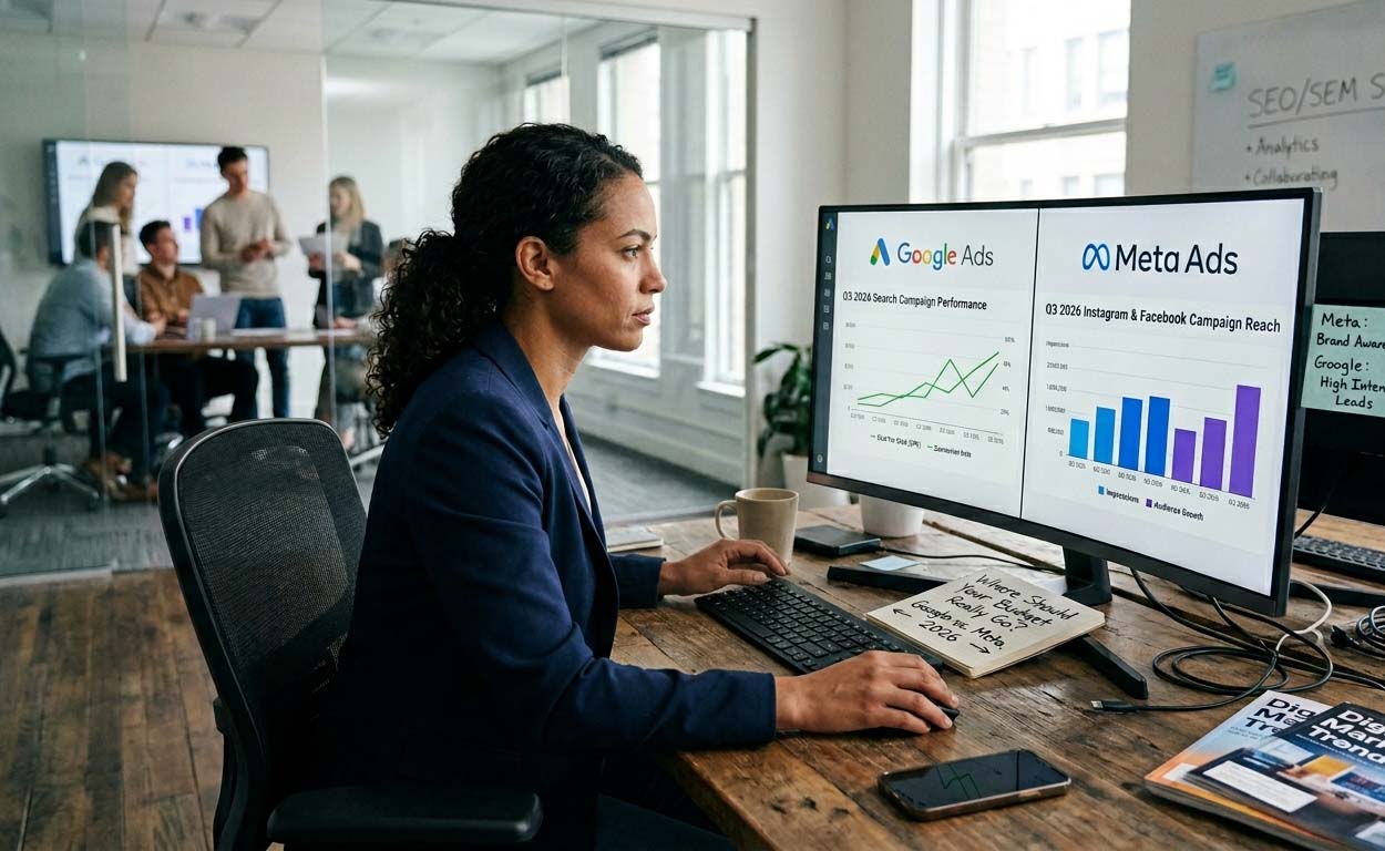 Blast Marketing strategist reviewing Q3 campaign performance graphs and budget allocation notes comparing Google vs Meta ad spend