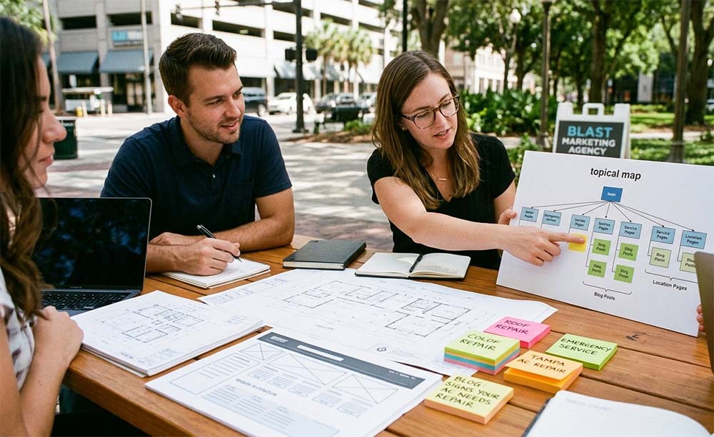Blast Marketing Agency SEO team planning topical mapping strategy for local business content growth