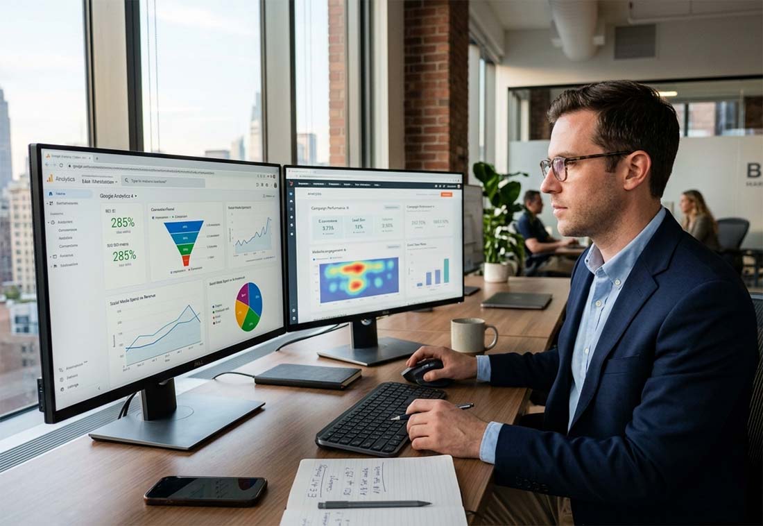 Blast Marketing Agency strategist in NYC analyzing analytics dashboards to build a revenue-driven marketing strategy