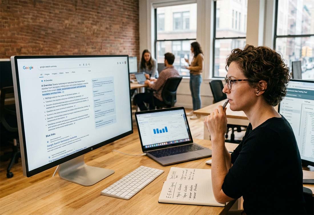 Blast Marketing Agency strategist analyzing Google AI Overviews search results on a monitor in NYC office