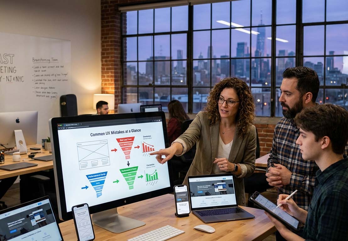 Blast Marketing Agency team in NYC analyzing common UX mistakes on a screen to improve website conversions.